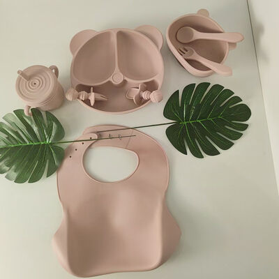 kaufen Silikon Baby-Fütterset Bären-Saugplatte Schüssel BPA-frei Kleinkind-Selbstfütterungsbedarf Wasserdichter Lätzchen-Snackbecher Löffel Gabel online manufacture